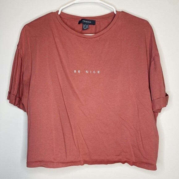 Primark Be Nice Cropped Tee Size Large T-shirt Casual Pink 100% Cotton - Picture 1 of 7
